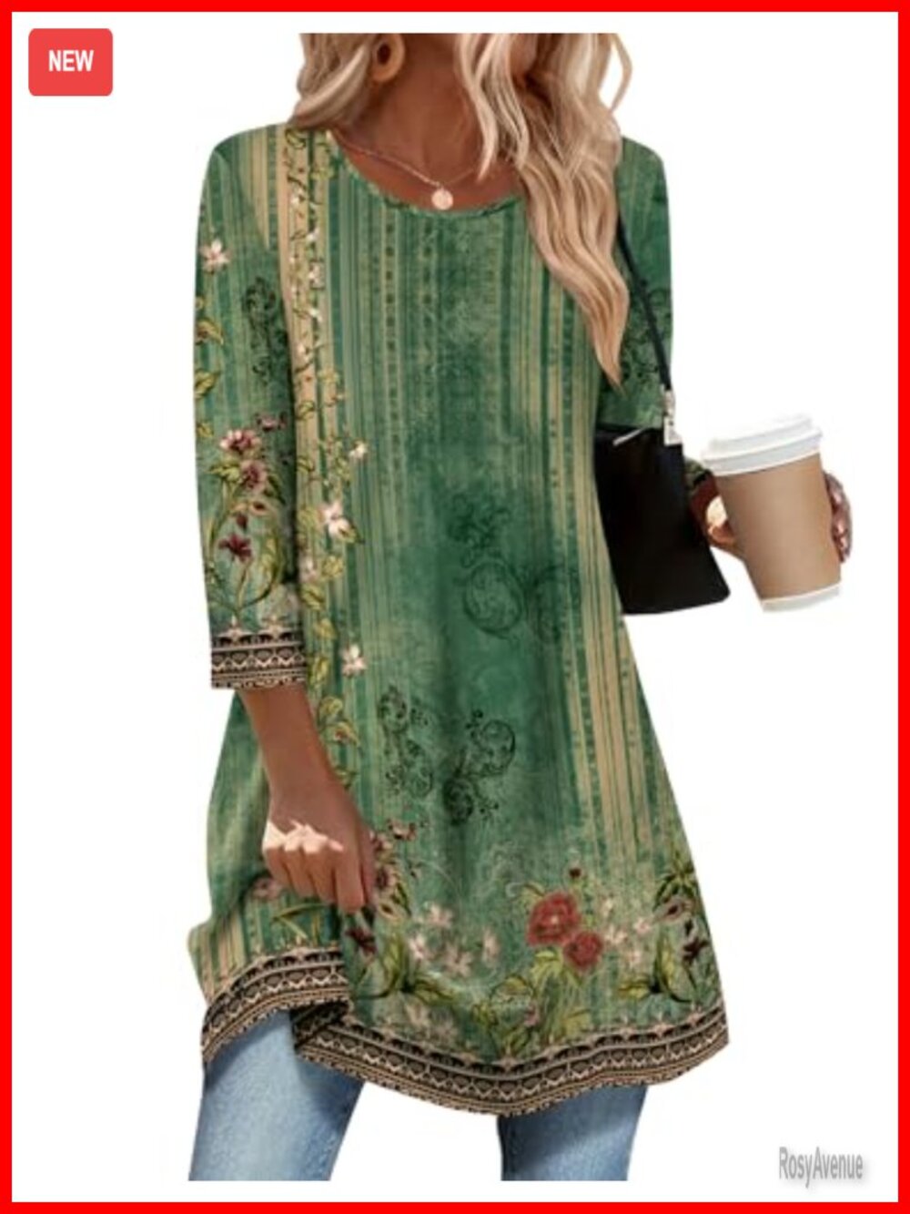 Women's 3/4 Sleeve Tunic Top — Loose Fit Dressy Plus Size Blouse, 95% Polyester